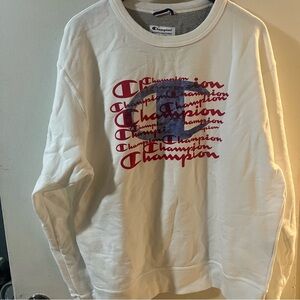 Champion White Pullover Crew Neck With Blue Red Logo